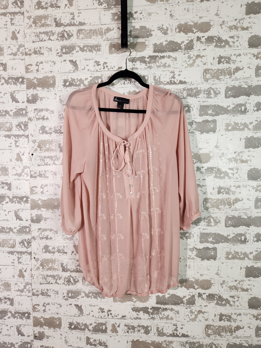Lane Bryant Boho Sequin Accent Blush Pink Chiffon Peasant Blouse 14/16